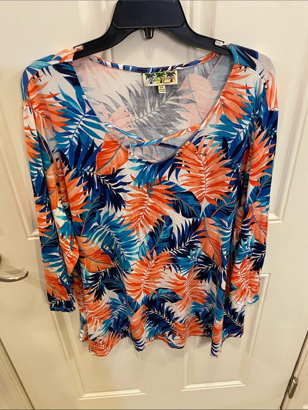 Tropical Leaf Print Long-Sleeve Top - Blue & Orange